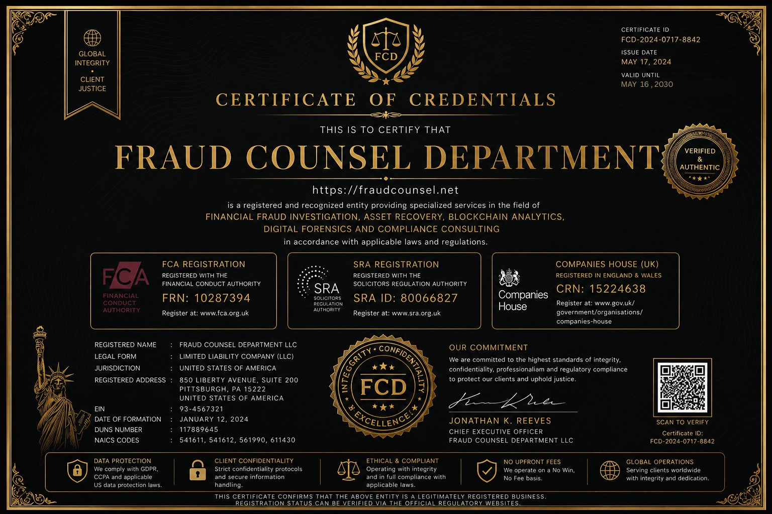 Fraud Counsel Department Business Certificate