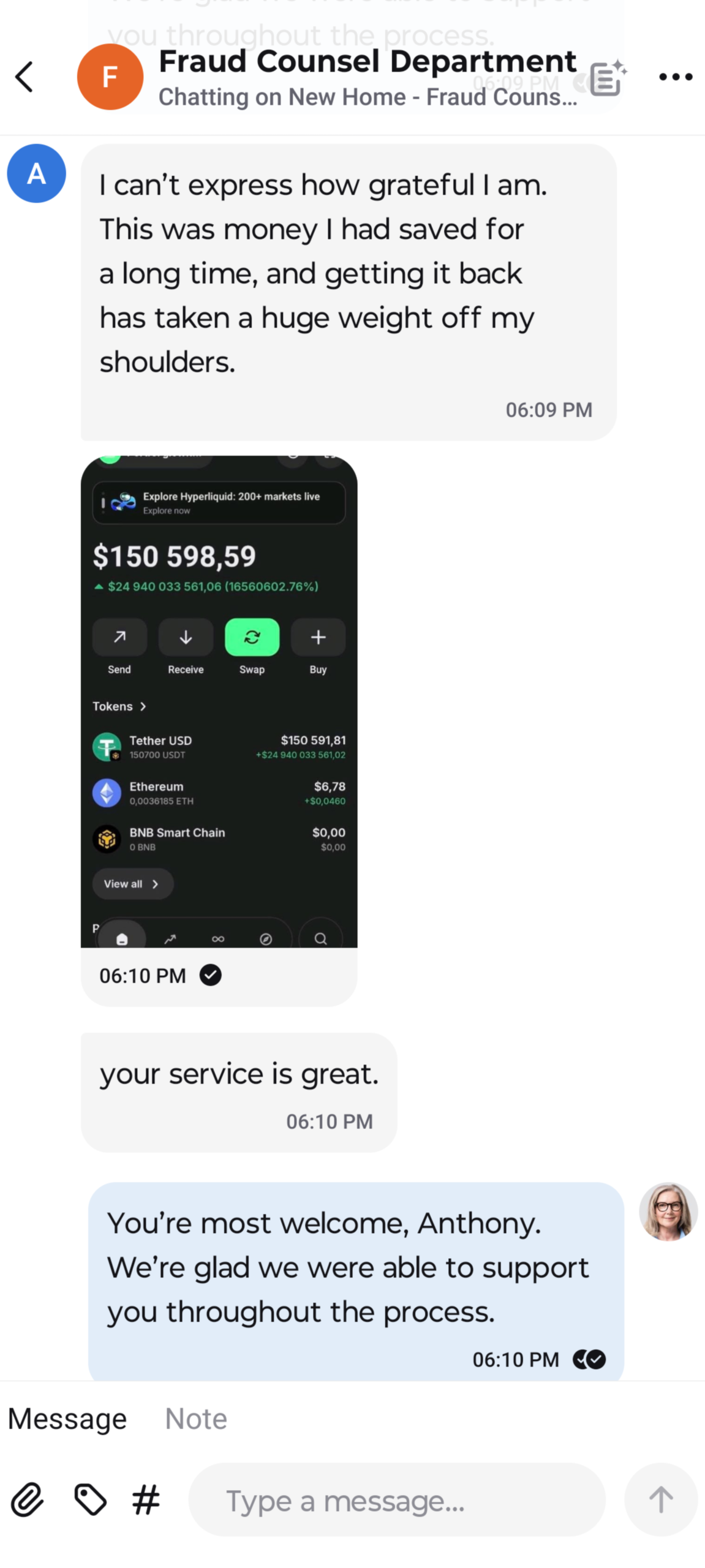 Recovery proof for Name hidden, $150K